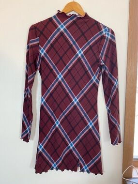 SO Burgundy Plaid Long Sleeve Dress with Blue and White Accents